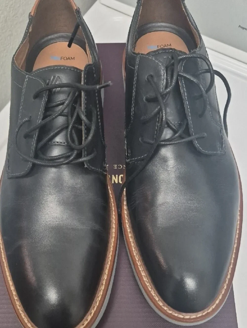 Johnston & Murphy Black Leather Derby Shoes with Brown Welt Trim